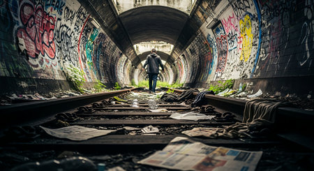 Abandoned train tracks in a tunnel with graffiti on the wallsの素材