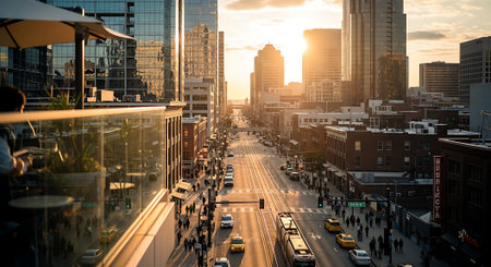 Traffic on a city street with buildings in the background at sunsetの素材