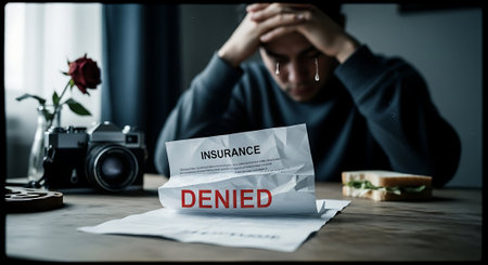 depressed man sitting at the table with junk food and paper documentの素材