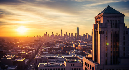 New York City skyline at sunset with skyscrapers, USA.の素材