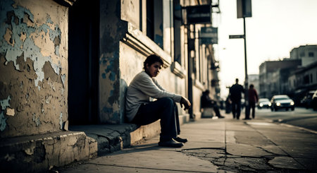 Young man sitting on the street in the city. Urban scene.の素材
