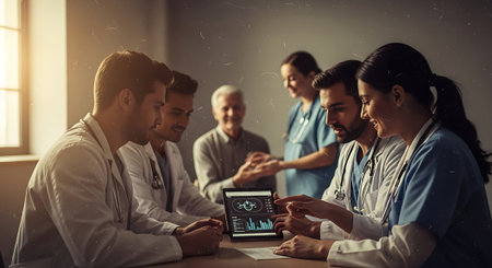 group of happy doctors with tablet pc computer discussing something at medical officeの素材