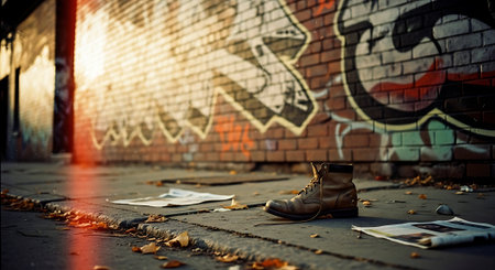 Leather shoes on the street in front of a graffiti wall.の素材