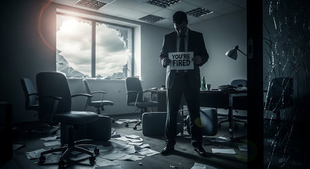 Conceptual image of businessman holding placard in office. Mixed mediaの素材
