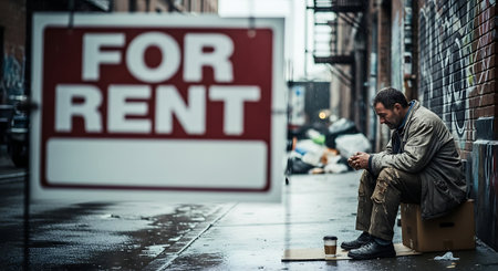 Homeless man sitting on the street with a cup of coffee in his handの素材