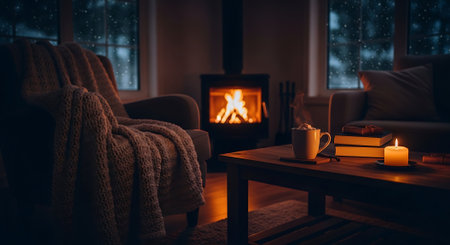 Cozy living room with fireplace, books and comfortable armchair. Cozy winter evening.の素材