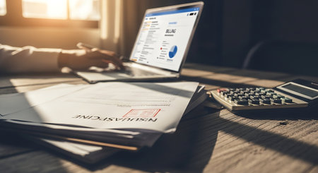 Businessman analyzing investment charts with laptop and calculator. Accounting concept.の素材