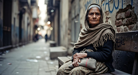 Old woman sitting on a bench in the street of Istanbul, Turkey.の素材