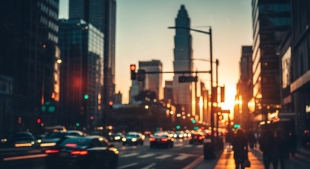 Blurred of car on road in city at sunset, abstract backgroundの素材