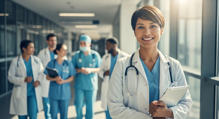 Healthcare people group. Professional doctor working in hospital office or clinic with other doctors, nurse and surgeon. Medical technology research institute and doctor staff.の素材