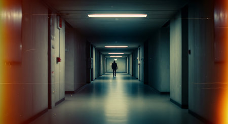 A man walking in a dark corridor with neon lights. 3d renderingの素材