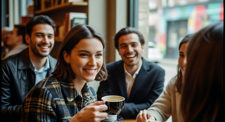 Group of young business people drinking coffee in a cafe. Selective focus.の素材