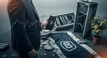 Double exposure of businessman with mobile phone and stock market graph on the background.の素材