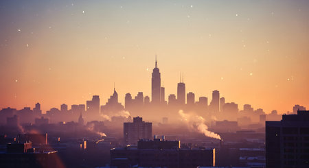 New York City skyline with skyscrapers and smog at sunsetの素材