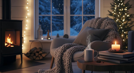 Cozy living room with Christmas tree and fireplace. 3d renderingの素材