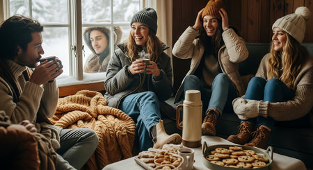 Group of friends sitting on sofa and drinking coffee at home in winterの素材