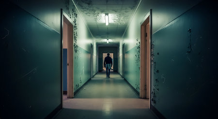 A man in a dark corridor of an abandoned hospital. Horror and fear concept.の素材
