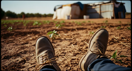 Feet of a man sitting on the ground in the field.の素材