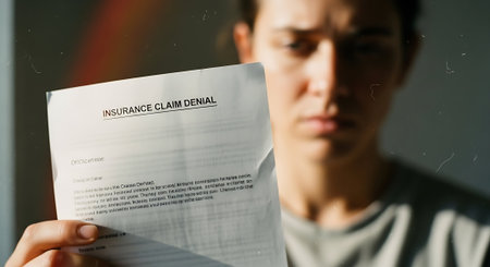 Closeup of a young man reading an insurance claim form, blurred backgroundの素材