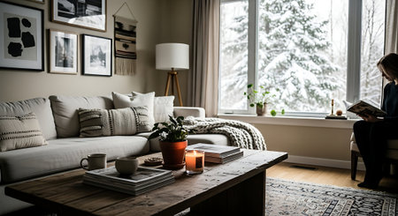 Interior of living room with sofa, pillows and coffee tableの素材