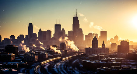 Cityscape with smoking chimneys against the background of the night cityの素材
