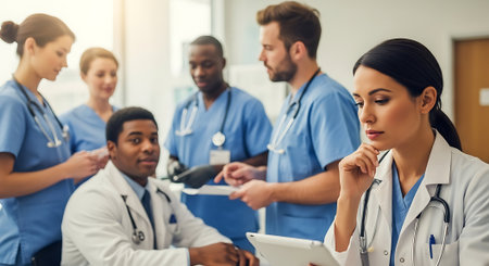 african american doctor using tablet pc with colleagues on background at hospitalの素材