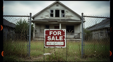 For sale sign in front of an old abandoned house in the countrysideの素材