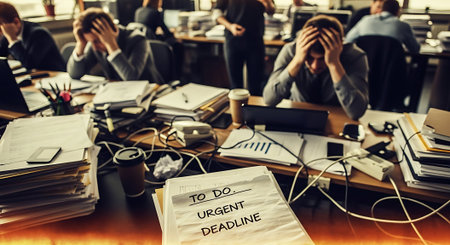 Dissatisfied stressed employees sitting at table in office. Toned imageの素材