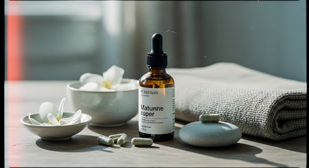 Essential oil in a glass bottle on a wooden table with a towelの素材