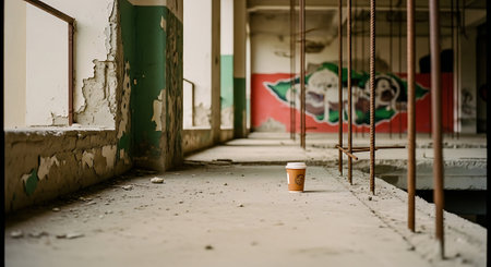 Coffee cup in an abandoned building. Selective focus.の素材