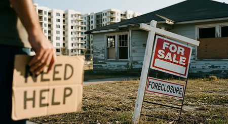 Man holding a sign saying For Sale in front of a new houseの素材