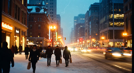 A group of people walking in the street on a winter night.の素材