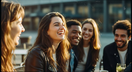 Group of happy friends having fun outdoors. Cheerful young women and men laughing and having fun together.の素材