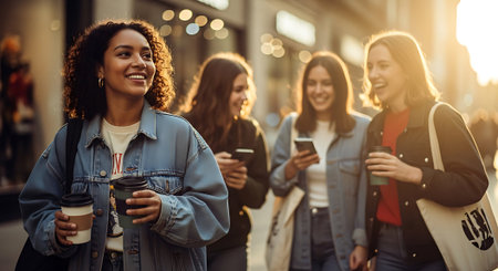 Group of happy young women walking in the city and having coffee.の素材