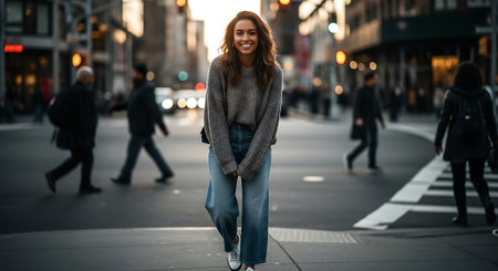 Beautiful young woman walking down the street in New York City.の素材
