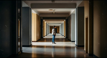 A young man in a long corridor in an office building. Business conceptの素材