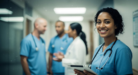 Portrait of happy nurse holding digital tablet while colleagues standing in backgroundの素材
