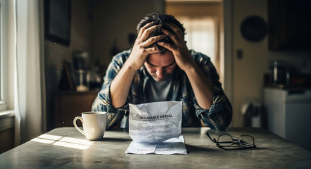 Stressed man sitting at the table in the kitchen and looking at his bills.の素材