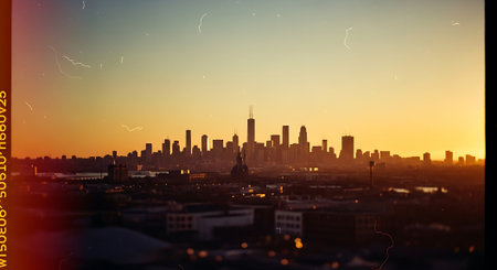 New York City skyline at sunset, USA. 3D Renderingの素材