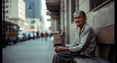 Elderly woman sitting on a bench in a city street.の素材