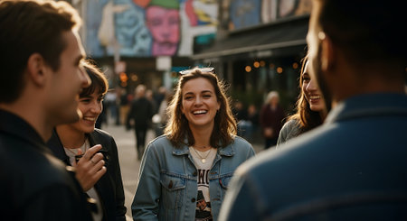 Group of young people walking on the street. Group of friends having fun together.の素材