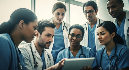 Multiethnic group of doctors using digital tablet while standing in hospitalの素材