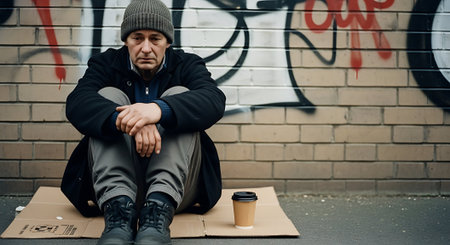 Homeless man sitting on the ground with a cardboard cup of coffeeの素材