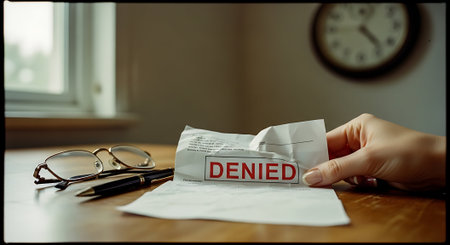 Close-up of a person's hand holding a piece of paper with the word DENIEDの素材