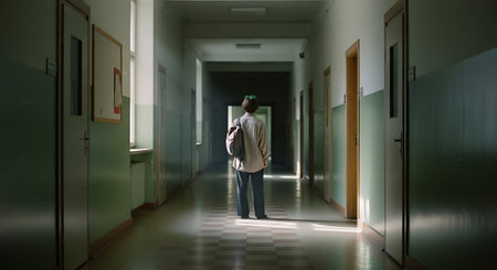 Man in the corridor of a hospital with his back to the cameraの素材