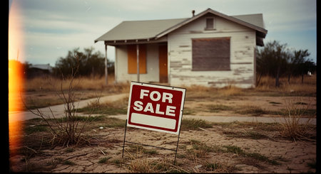 For sale sign in front of a weathered old house during sunsetの素材