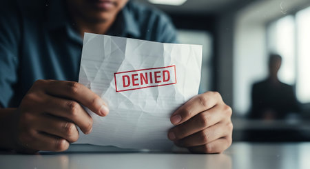 Man holding a piece of paper with the word denied on it.の素材