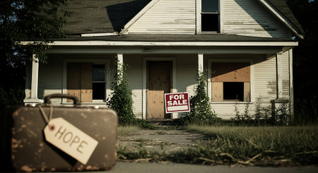 Suitcase in front of a house for sale in the USAの素材