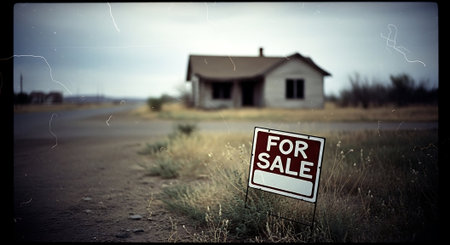 Abandoned House with For Sale Real Estate Sign in the Desertの素材