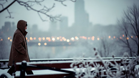 A solitary man walks through a snowy city park at dusk, bundled in a hooded winter coat. Soft snowfall settles on the branches and railings as the distant city skyline glows with warm, blurred lights. A moody, atmospheric winter scene perfect for themes of solitude, urban winter, mindfulness, seasonal change, mental health, and reflective moments in the city.の素材